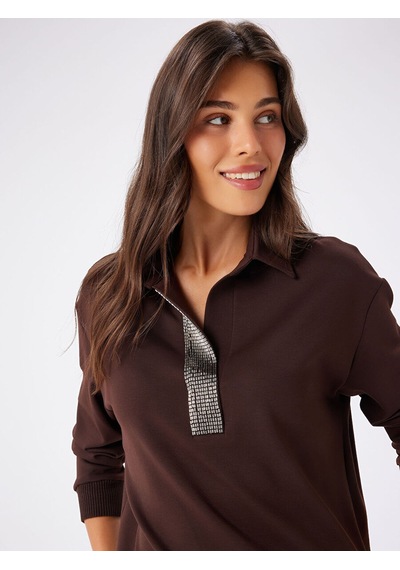 Faik Sönmez Taş Detaylı Polo Yaka Sweatshirt W27swt002 Uw27swt00230 Kahve
