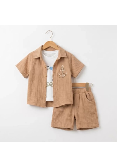 Veraura Lifestyle 6/24 Ay Atletli Müslin Kumaş 3 Parça Bebek Takımı Kahverengi