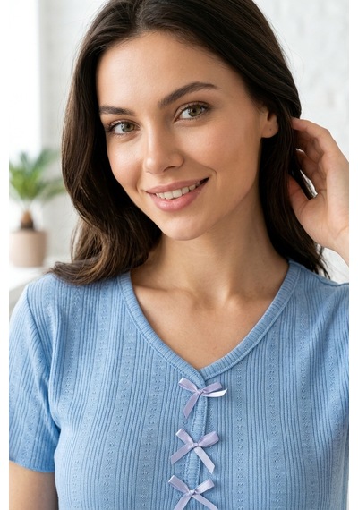 Aura Collections Kadın Bambu Viskon Transfer Ribana Kısa Kollu Düğmeli Pijama Takımı Mavi