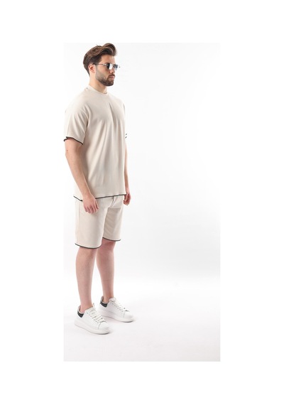 Madmext Bej Nakış Detaylı Erkek Şort T-shirt Takım E7305 Bej