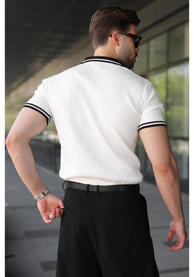 Madmext Beyaz Yarım Fermuarlı Polo Yaka Triko Erkek Tişört E7501
