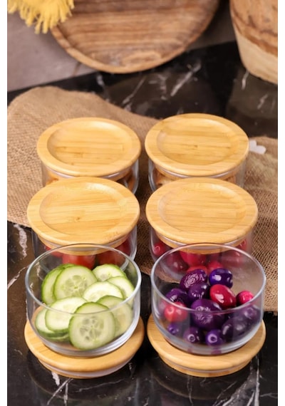 Duo 300ml 6'lı Bambu Kapaklı Cam Kahvaltılık Seti Kahverengi