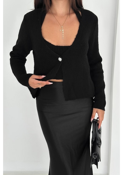 Noa & Noa Kadın Örgü Crop Top & Hırka Takımı Yumuşak & Minimal Stil Siyah