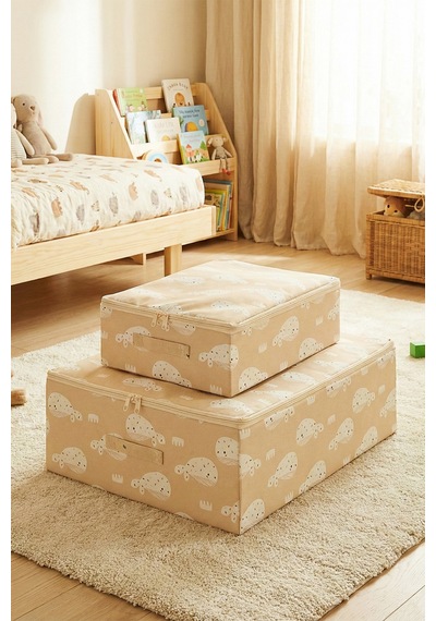 Ocean Home Textile 2'li Çocuk Odası Sevimli Balina Destekli Kutu Hurç Set 31 X 38 X 12 + 45 X 55 X 18 Cm Bej