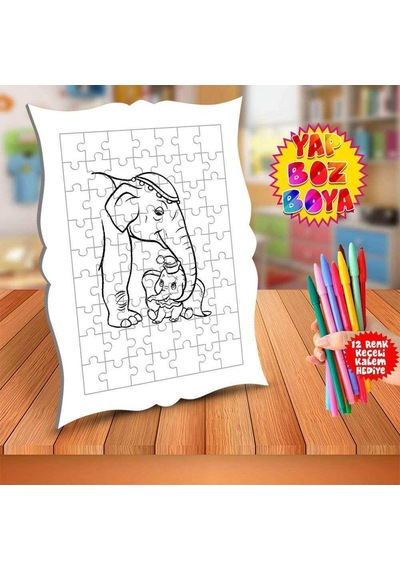 Sevimli Fil Ailesi Eğitici Boyama Puzzle Tablo Çocuk-054