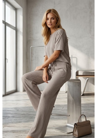 Fit Women Fitilli Kısa Kollu Takım 4457 Gri