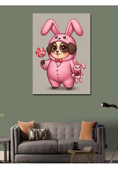 Kanvas Tablo Pembe Tavşan Ve Şeker 100cmx140cm