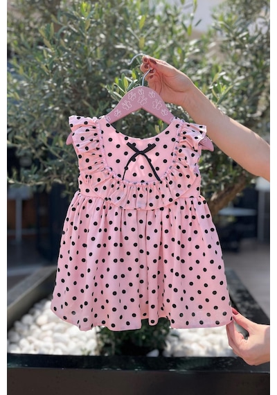 Puantiyeli Kolsuz Pamuklu Kız Çocuk Bebek Pudra Pembe Elbise 001