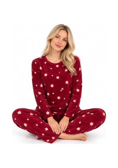 Sleeeproom Kadın Süet Mevsimlik Yıldız Desen Bordo Pijama Takımı