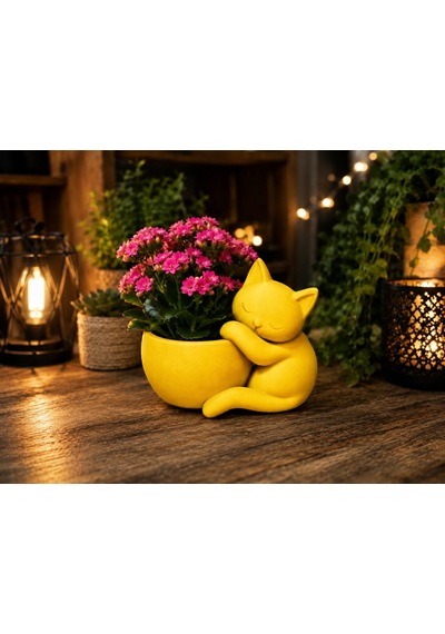 3d Baskı Sarılan Kedi Saksı - Sevimli Dekoratif Saksı - Sarı Çok Renkli