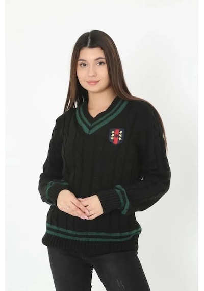 Defymoda V Yaka Örgülü Kazak - Siyah Siyah