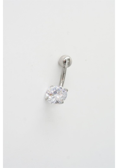 Kadın 316l Anti Alerjenik Topcuklu Oval Baget Zirkon Taşlı Göbek Piercing Gümüş