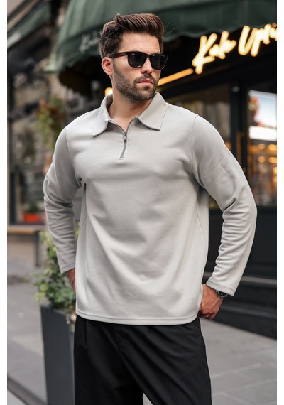 Madmext Boyalı Gri Yarım Fermuarlı Polo Yaka Dokulu Erkek Sweatshırt E7197