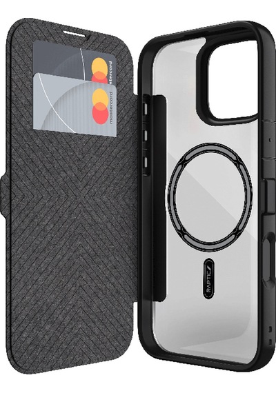 Apple Uyumlu iPhone 16 Kılıf Magsafe Vegan Deri Şeffaf Kartlıklı Raptic Urban Folio Serisi Kapak Siyah Siyah