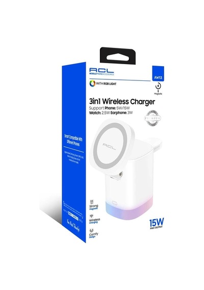 Bagajon 3'ü 1 Arada Magsafe Kablosuz Şarj Standı 15w Rgb Işıklı Telefon, Apple Watch Uyumlu Ve Kulaklık Şarj İstasyonu