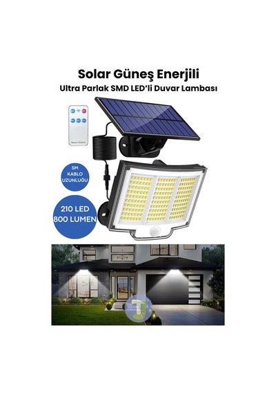 Technojet 220 Led Solar Duvar Lambası 5mt Kablo, Kumandalı, 3 Modlu, Ip65 Bahçe Aydınlatma Beyaz Beyaz