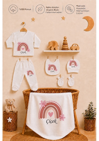 Pia Baby 10 Parça İsme Özel Kız Bebek Hastane Çıkışı %100 Pamuk Organik Baskılı 1003103x Ekru