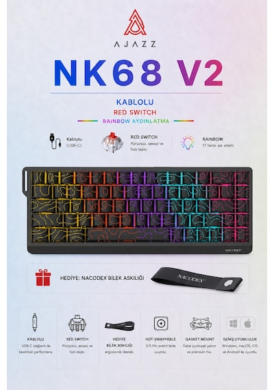 Nk68v2 Hot Swap Kablolu Mekanik Oyun Klavyesi- Red Switch-bilek Askılı