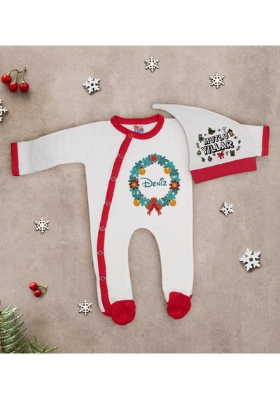 Bk Kids Bk Gift Kişiye Özel Yılbaşı Temalı Tulum Zıbın Ve Kukuletalı Şapka Seti-8 Çok Renkli