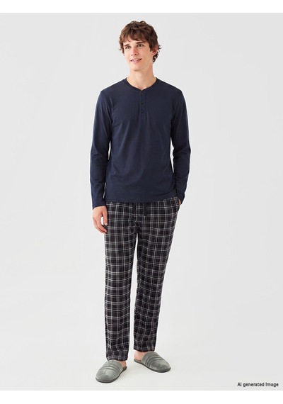 LC Waikiki Lc Waıkıkı Lacivert Henley Yaka Uzun Kollu Erkek Pijama Üst