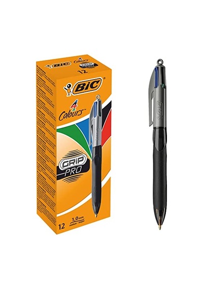 Bıc 4 Colours Grip Pro Tükenmez Kalem 12'li Kutu, Kauçuk Tutacak, 1.0mm Uç, Tek Kalemde Mavi, Kırmızı, Yeşil Ve Siyah Renkler ---