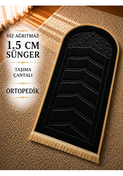 Diz Dostu Seccade Ortopedik Süngerli 1.5 Cm Kalın Kadife Namazlık Çanta Hediyeli Siyah