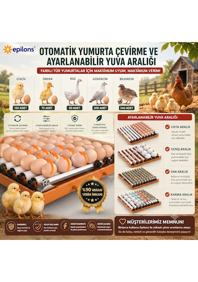 Tam Otomatik Kuluçka Makinesi 130 Yumurta Kapasiteli - Akıllı Isı Ve Nem Kontrollü, Ayarlanabilir Vi