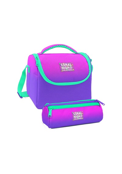 Coral High Pembe Mor Renk Geçişli Desenli Kız Çocuk Isı Yalıtımlı Beslenme Çantası Ve Kalemlik Seti