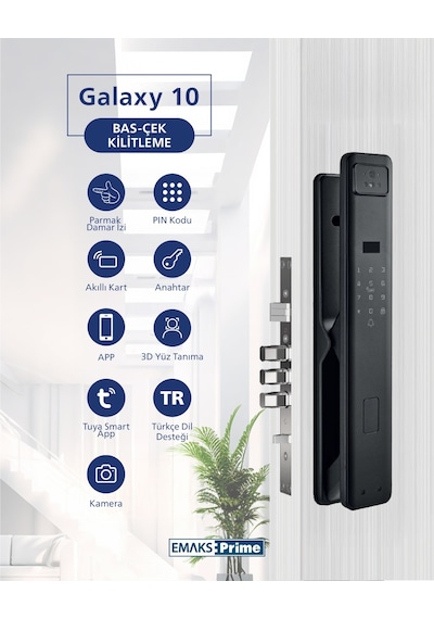 Emaks Prime Akıllı Kilit GALAXY10 Ultra, Yüz tanıma, Parmak İzi, Şifre, Kart, Uygulama, İç Ekran -