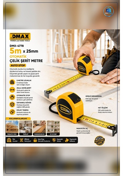 Şerit Metre 5m X 25mm Otomatik Çelik Stoplu Ölçüm Aleti Kompakt M 5 M
