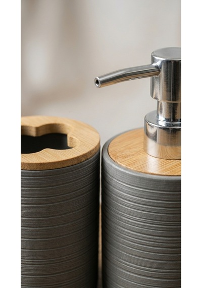 Makri Home 6 Parça Bambu Kapaklı Banyo Seti, Gri, Oval, Hacim: 8 Litre Gri