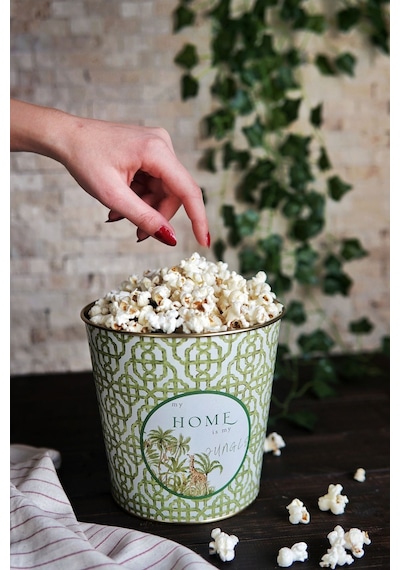 Metal Popcorn Kutusu - Patlamış Mısır Kovası 13.5 Cm, Forrest Er149-8i Desenli