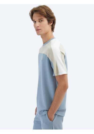 Kip Mavi Düz Bisiklet Yaka T-shirt Mavi