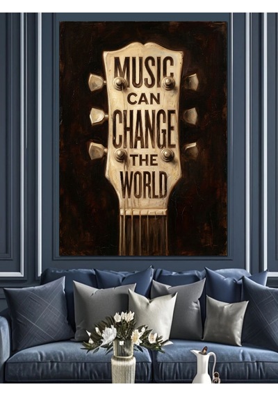 Müzik Dünyayı Değiştirir Yazılı Gitar Dekoratif Kanvas - Mdf Ahşap Tablo