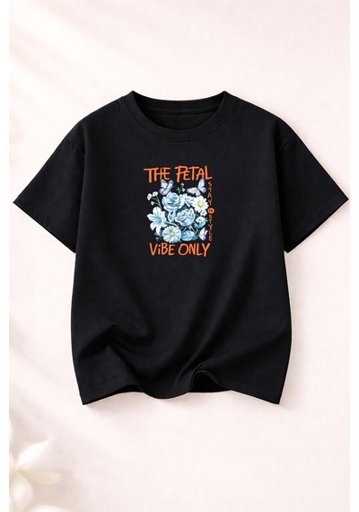 Herkesemoda The Petal Baskı Detaylı Bisiklet Yaka Pamuklu Basic T-shirt Siyah