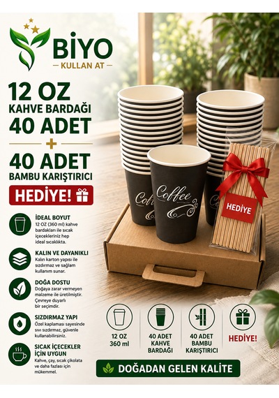 12 Oz Karton Bardak 40 Adet+40 Adet Karıştırıcı Hediye