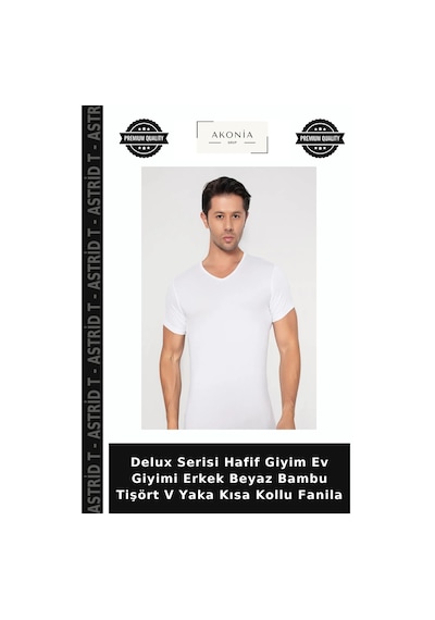 Astrid T Delux Serisi Hafif Giyim Ev Giyimi Erkek Beyaz Bambu Tişört V Yaka Kısa Kollu Fanila