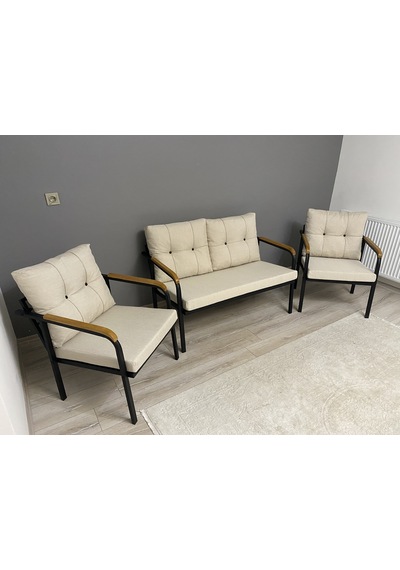 Modern Dünya Balkon, Bahçe, Cafe - Metal Kanepe Koltuk Takımı - 2+1+1 Krem Modernsh37 Krem