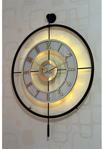 Pey Aksesuar Metal Camlı Duvar Saati 60x80 Cm Büyük Boy Işıklı Gerçek Cam Siyah-seffaf-beyaz-gold M61-siyah-seffaf-beyaz-gold