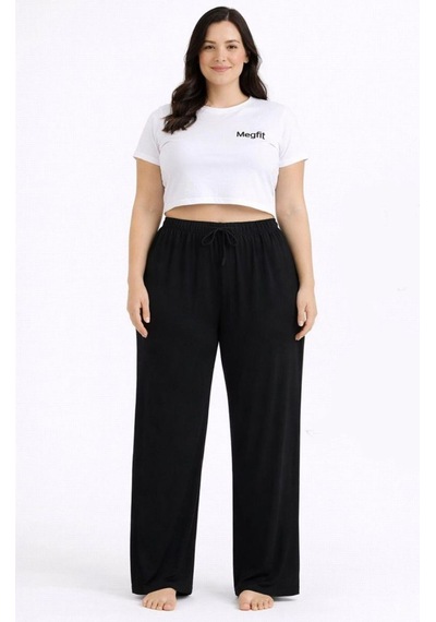 Viskon Pamuklu Kadın Büyük Beden Siyah Pijama Pantolon - Mgb002 - Mudanis
