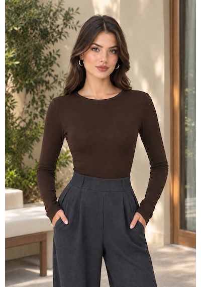 Feyece Kadın Premium Soft Bisiklet Yaka Uzun Kollu Basic Bluz Kahverengi