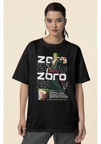 Roronoa Zoro One Piece Baskılı Unisex Oversize Anime Karakter Tiş Siyah