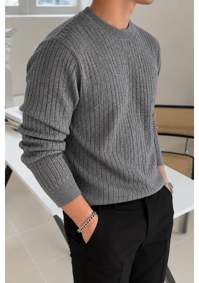 Erkek Bisiklet Yaka Slim Fit Triko Kazak Füme