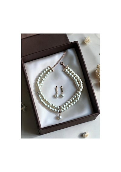 Zirkon Taşlı Tasma Choker İnci Kolye Ve İnci Küpe Seti Düğün Nikah Kına Beyaz
