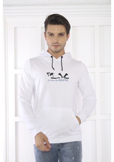 Escetic Spor Erkek Beyaz Cepli, Kapüşonlu Sweatshirt-4178