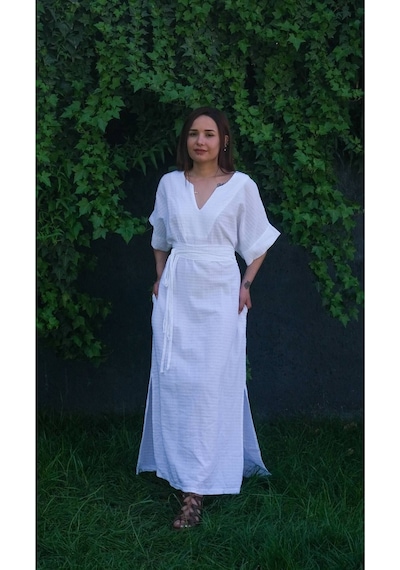 Dokuma Kaftan Elbise Rahatlığın Şıklığı Beyaz
