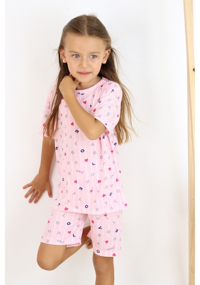 Kız Çocuk Pamuklu Penye Kumaş Şortlu Pijama Takımı Beyaz - Pembe