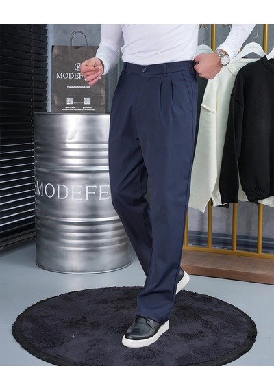 Modefendi Baggy Kesim Pile Detaylı Kumaş Pantolon Lacivert