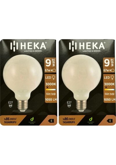 2 Adet Heka 9w 67w 3000k Sarı Işık E27 Duylu Kalın Duy Led Glop G95 Ampul Heka