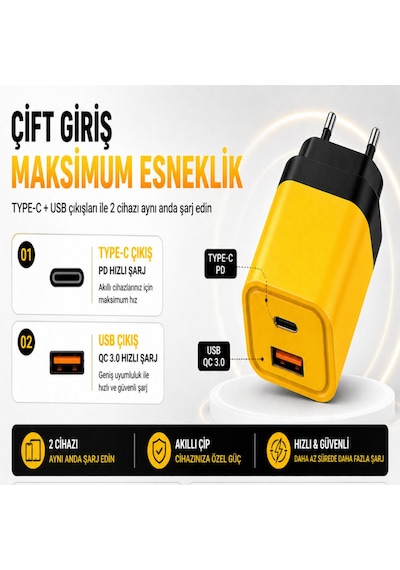 25w Hızlı Şarj Adaptörü + Type-c To Type-c Kablo Seti Pd & Qc 3.0 Destekli Usb + Type-c Çift Giriş Akıllı Koruma Hızlı Şarj Aleti Sarı